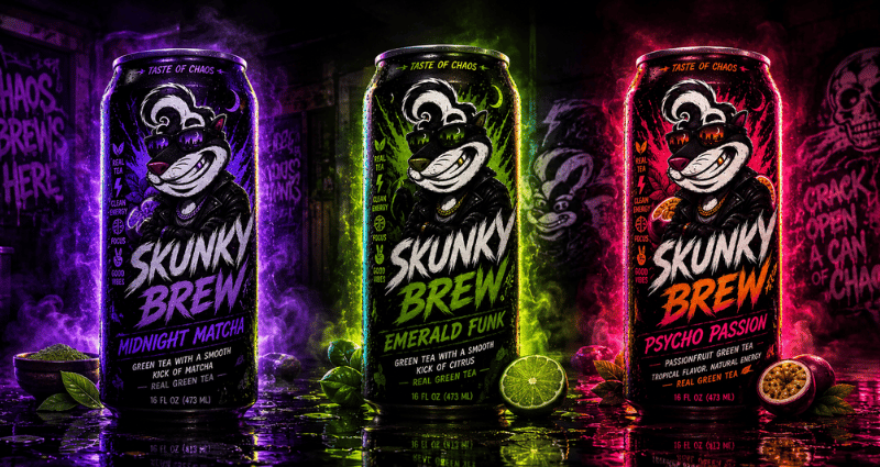 Skunky Brew flavor lineup: Midnight Matcha, Emerald Funk, Psycho Passion